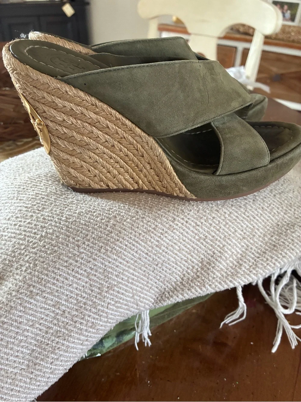 Tory Burch Olive Suede Crisscross Espadrille Wedges